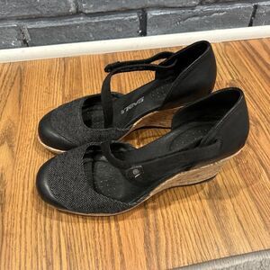 Teva Riviera MJ Cork Wedge Sandals Womens 6.5 Black Canvas Leather Cork